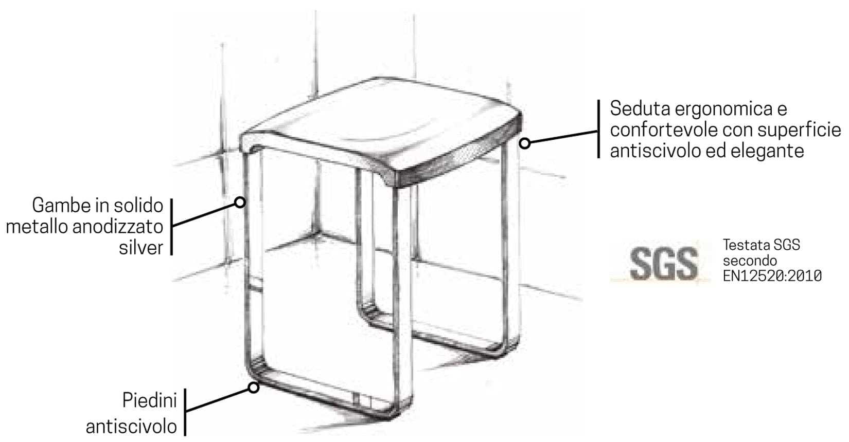 Novellini Sgabello Nero RAL 7021 Telaio Alluminio Anodizzato Portata Massima 100 kg Gambe Solide Metallo Silver Piedini Antiscivolo Seduta Ergonomica Confortevole Superficie Elegante Misura 37x37 Altezza 48 cm