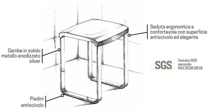 Novellini Sgabello Bianco RAL 9003 Telaio Alluminio Anodizzato Portata Massima 100 kg Gambe Solide Metallo Silver Piedini Antiscivolo Seduta Ergonomica Confortevole Superficie Elegante Misura 37x37 Altezza 48 cm 	