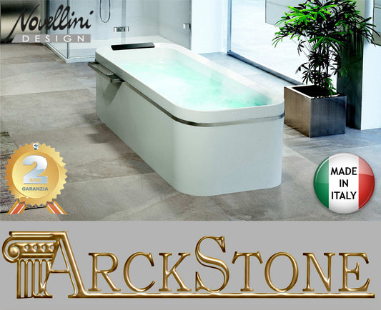 Vasca Bagno Novellini Divina F Standard Telaio Colore Finitura Bianco Lucida Rettangolare Centro Stanza Centrostanza Misura Dimensioni 180x80 H63cm Pannello Arredo Anello Mensola Porta Salviette Acciaio Inox Poggiatesta Cuscino Colonna Scarico Click Clack