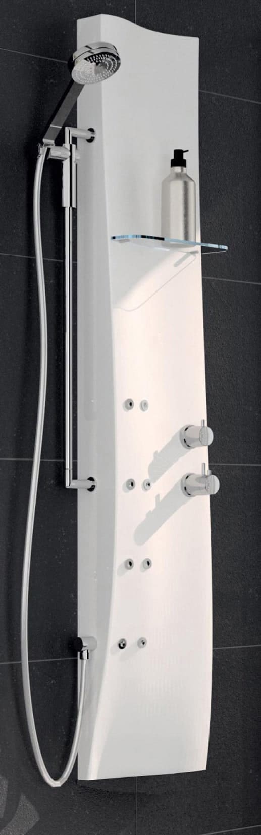 Novellini Dress Colonna Doccia Attrezzata Idromassaggio Idro Miscelatore Rubinetto Termostatico Colore Bianco Opaco 28x17xH154 Installabile Parete Multifunzione Ripiano Portaoggetti Getti Jet Acqua Doccetta Mano Asta Verticale Dorsale Porta Oggetti 