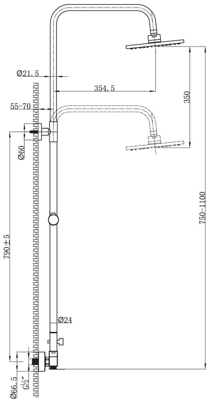 Duemmeggi Eco Colonna Doccia Con Supporto Riduttore, in Ottone Cromato, Regolabile In Altezza, Con Soffione Inox 316 Slim Quadro 250x250 mm, Con Doccetta Quadra e Deviatore