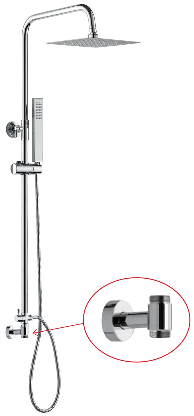 Duemmeggi Eco Colonna Doccia Con Supporto Riduttore, in Ottone Cromato, Regolabile In Altezza, Con Soffione Inox 316 Slim Quadro 250x250 mm, Con Doccetta Quadra e Deviatore