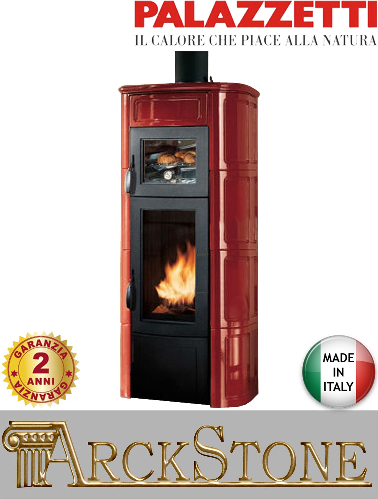 Stufa Legna Aria Calda Naturale Palazzetti Elisa con Forno Potenza 11 kW Rivestimento Ceramica Colore Rosso Bordeaux