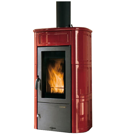 Stufa Legna Aria Calda Naturale Palazzetti Elisa Potenza 11 kW Rivestimento Ceramica Colore Rosso Bordeaux