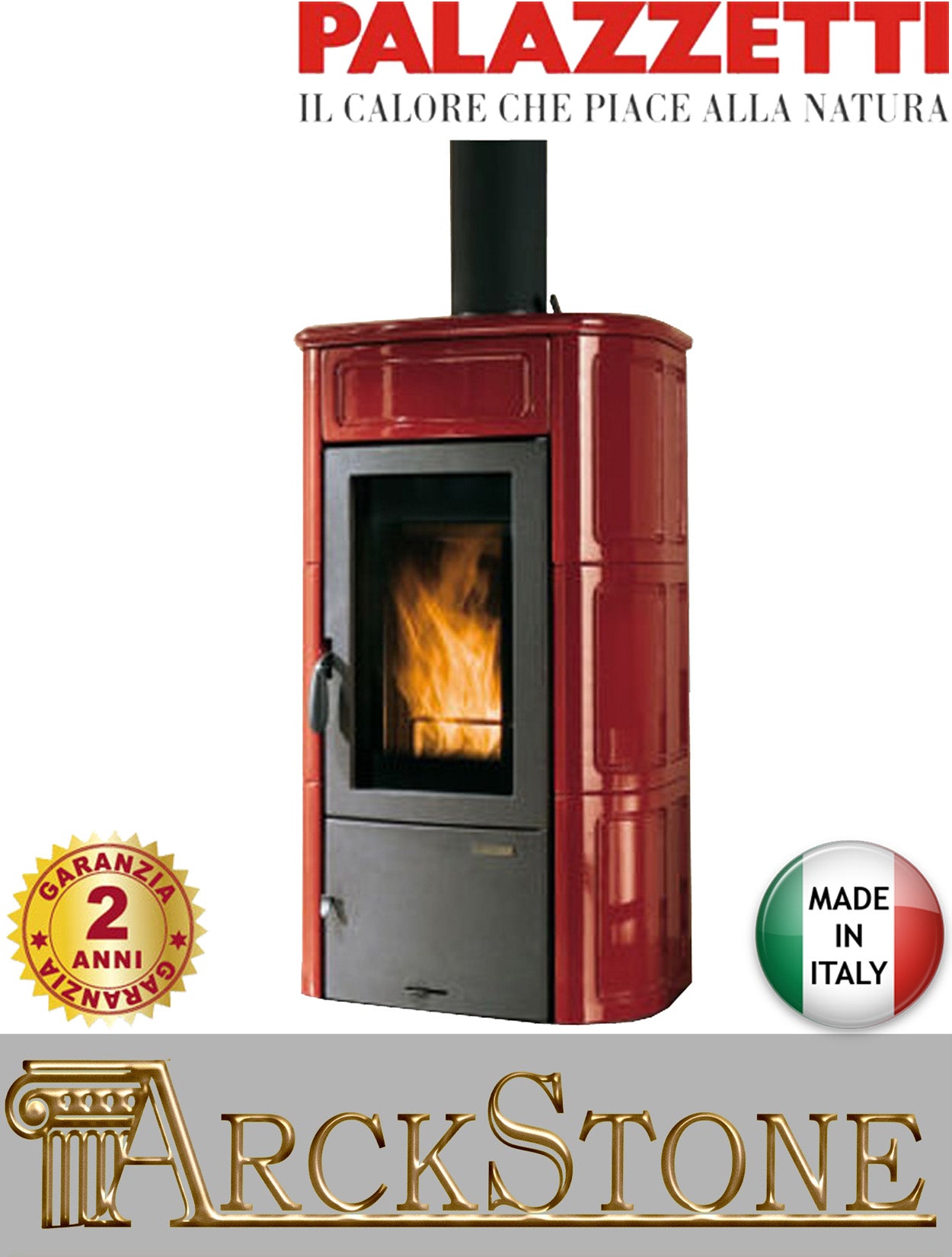 Stufa Legna Aria Calda Naturale Palazzetti Elisa Potenza 11 kW Rivestimento Ceramica Colore Rosso Bordeaux