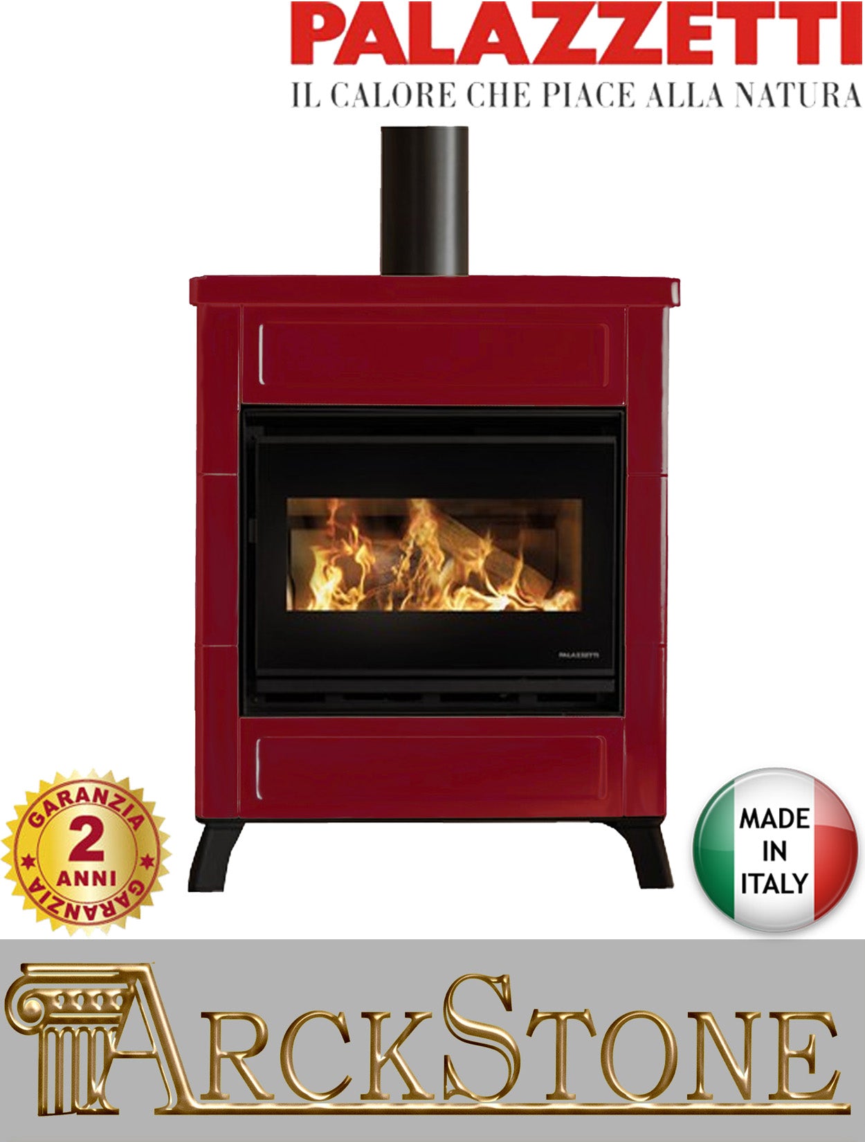 Stufa Legna Aria Calda Naturale Canalizzabile Palazzetti Elsa New Potenza 9 kW Rivestimento Ceramica Colore Rosso