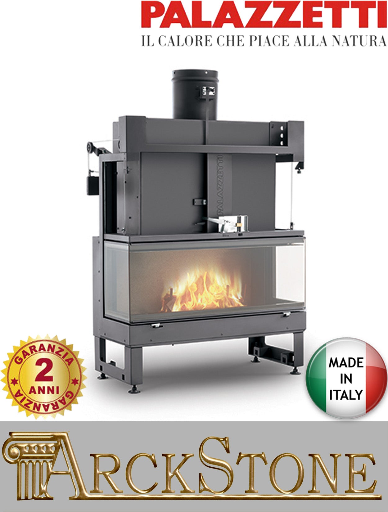 Camino a Legna Chiuso Aria Naturale Canalizzata Palazzetti Ecomonoblocco EM16:9 3D Potenza 26,41 kW Portina Vetro Ceramico Misura 104x63x158 cm