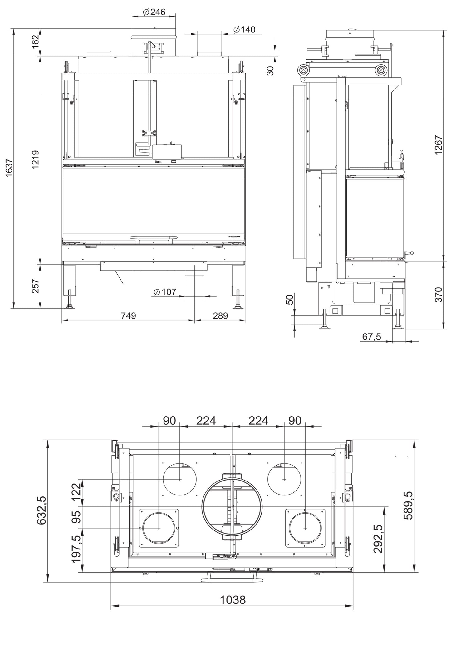 Camino a Legna Chiuso Aria Naturale Canalizzata Palazzetti Ecomonoblocco EM16:9 3D Potenza 26,41 kW Portina Vetro Ceramico Misura 104x63x158 cm
