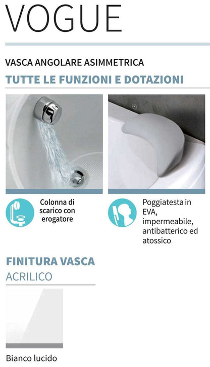 Novellini Vogue Vasca da Bagno Versione Standard Con Telaio Misura 150x85 H55 cm Forma Esterna Tonda Curva Semicircolare Asimmetrica Interna Ovale Installazione Angolo Sinistra Pannello Frontale Erogatore Cuscino Materiale Acrilico Finitura Bianco Lucido