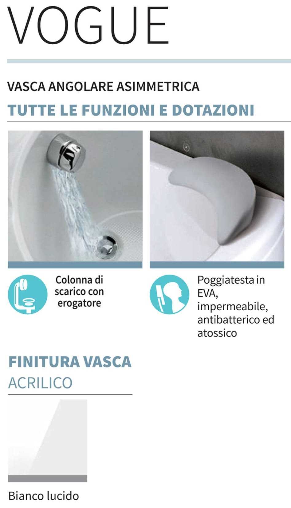 Novellini Vogue Vasca da Bagno Versione Standard Con Telaio Misura 165x85 H55 cm Forma Esterna Tonda Curva Semicircolare Asimmetrica Interna Ovale Installazione Angolo Sinistra Pannello Frontale Erogatore Cuscino Materiale Acrilico Finitura Bianco Lucido