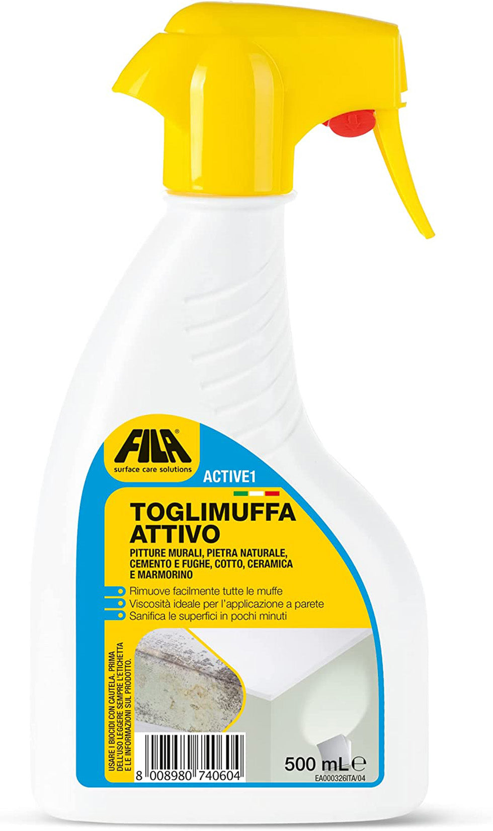 Fila Filaactive1 Toglimuffa Attivo Flacone 500 ML Rimuove rapidamente la muffa e sanifica le superfici in pietra intonaco cemento cotto fughe ceramica vetro marmorino Klinker Gres Porcellanato Pietre Naturali Pitture Murali