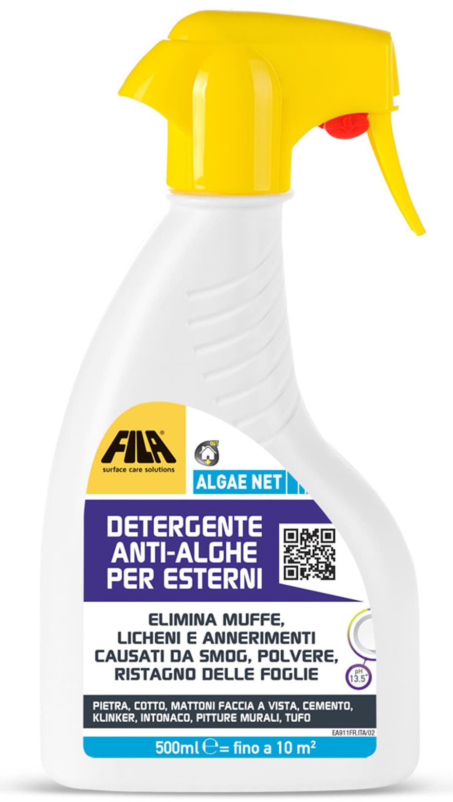 Fila Filaalgae Net Detergente Spray Anti-Alghe per Esterni Flacone da 500 ML Elimina Alghe Muffe Licheni Pareti Pavimenti Rimuove Sporco Annerimenti Polvere Smog Macchie Ristagno Foglie Sanifica Superfici Pulisce Fondo