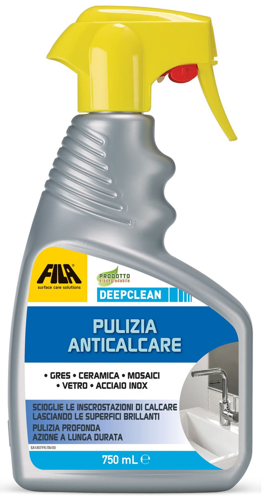 Fila Deepclean Deep Clean Detergente Spray 750 ML Pulizia Anticalcare Biodegradabile Pulisce Superfici Bagno Toglie Calcare Sanitari Pavimenti Mosaici Vetro Vasche Metacrilato Non Danneggia Acciaio Inox Rubinetterie Sanifica Gres Porcellanato Ceramica