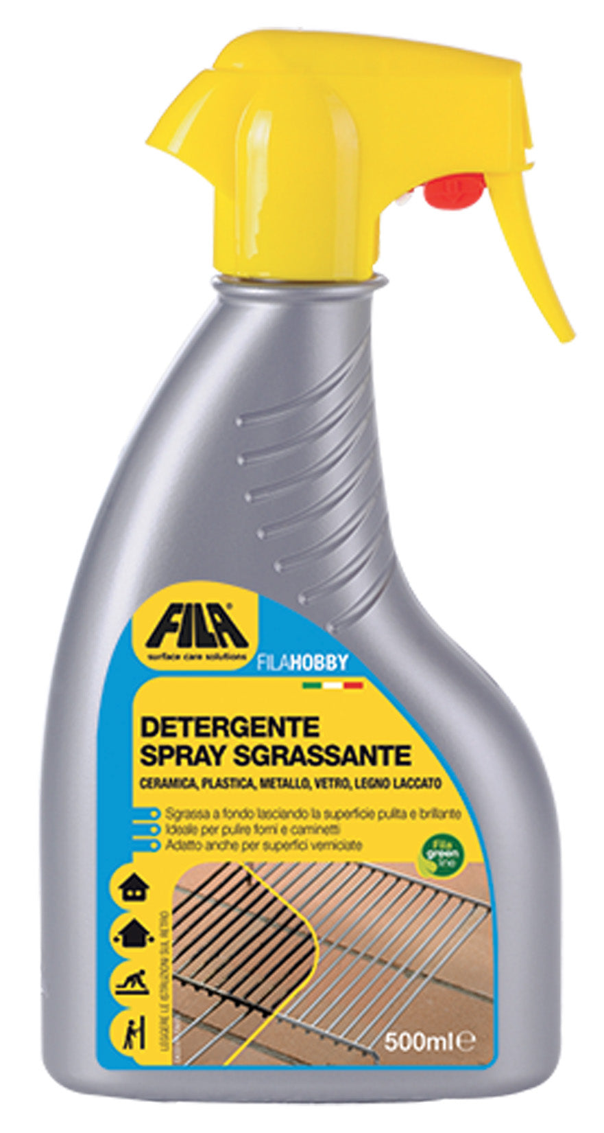 Fila Filahobby Hobby Detergente Spray Sgrassante Flacone 500 ML 500ML Pulisce deterge Grasso Cucina piani cottura griglie barbecue utensili auto moto biciclette vetri caminetti stufe Laminati Plastici Metallo Acciaio Ceramica Smaltata Plastica