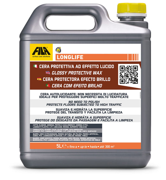 Fila Longlife Cera Protettiva Effetto Lucido 5 Litri Protegge Superfici Pavimenti Soggetti Alto Traffico Gomma PVC Vinilici Laminati Plastici Linoleum Resina Cotto Klinker Ardesia Pietra E Agglomerati Pietra Naturale Non Lucidata Granito