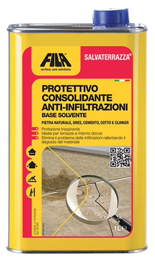 Fila Salvaterrazza Salva Terrazza Protettivo Consolidante Anti Infiltrazioni Base Solvente 1 Litro Protegge Ripara Terrazze Cotto Klinker Gres Porcellanato Agglomerato Cemento Pietre Naturali da Acqua Umidità Efflorescenze Fughe Muffe