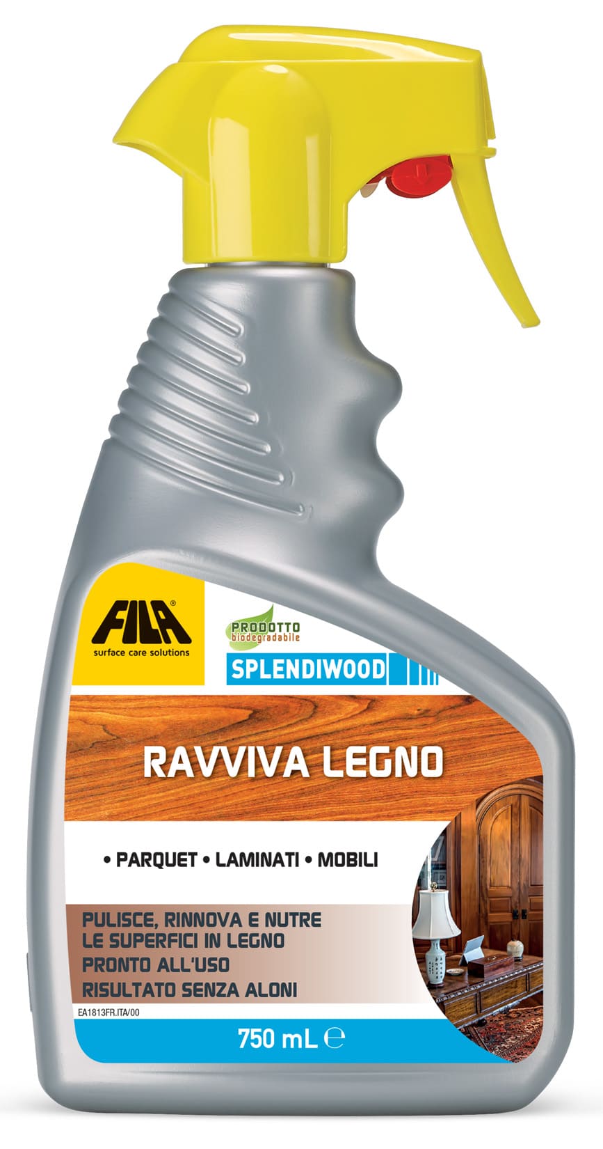 Fila Splendiwood Filasplendiwood 750 ML Detergente Spray Ravviva Legno Parquet Verniciato Laminati Trattati ad Olio o a Cera Mobili Della Casa Pulisce a Fondo Pavimenti Dosatore a Spruzzo Nutre Superfici Tavoli Porte