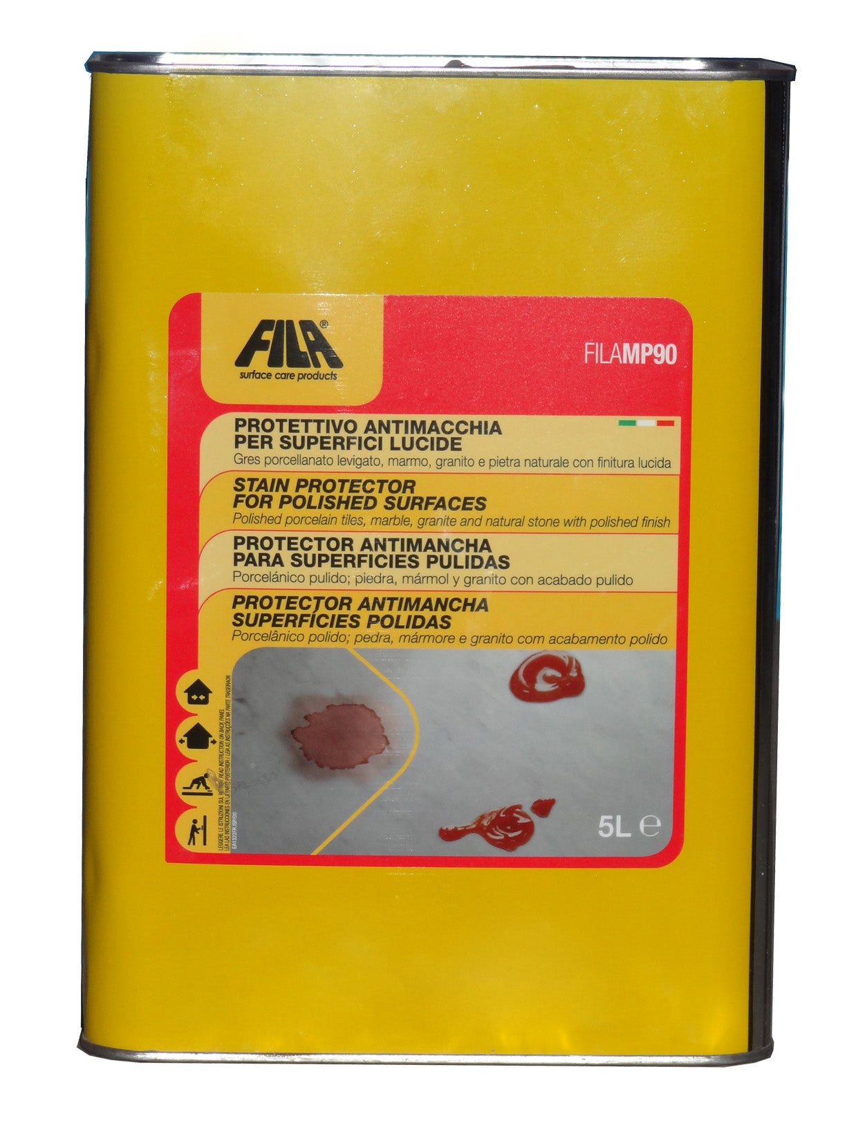 Fila FIlamp90 Protettivo Antimacchia Superfici Lucide Base Solvente 5 Litri Lt Miglior Difesa Macchie Antigraffiti Protezione Superfici Verticali Gres Porcellanato Levigato Marmo Granito Finitura Lucida Agglomerati Pietra Tavoli Top Bagni Cucine