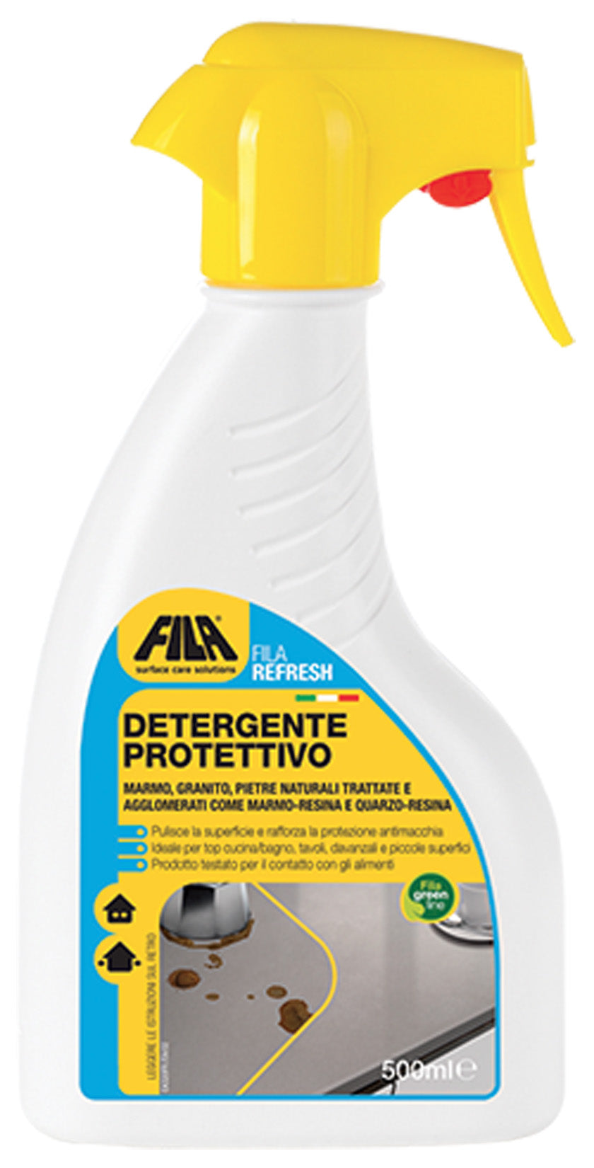 FIla Filarefresh Refresh Detergente Protettivo 500 ML 500ML Pulisce Protegge Protezione Antimacchia nel Tempo Superfici Pietra Naturale Trattate Impermeabilizzanti Lucide Ceramiche Assorbenti Top Marmo Quarzo Resina
