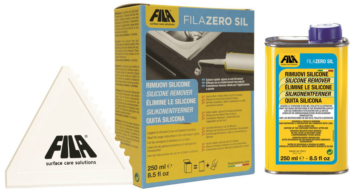 Fila Filazero Zero Zerosil Sil Rimuove Residui Silicone Colla Nastro Adesivo Vecchie Etichette Schiuma Poliuretanica Cera Candela Resina Macchie Grasse Oleose Superficiali Gres Porcellanato Ceramica Marmo Vetro Metallo Lattina 250 ML 250ML