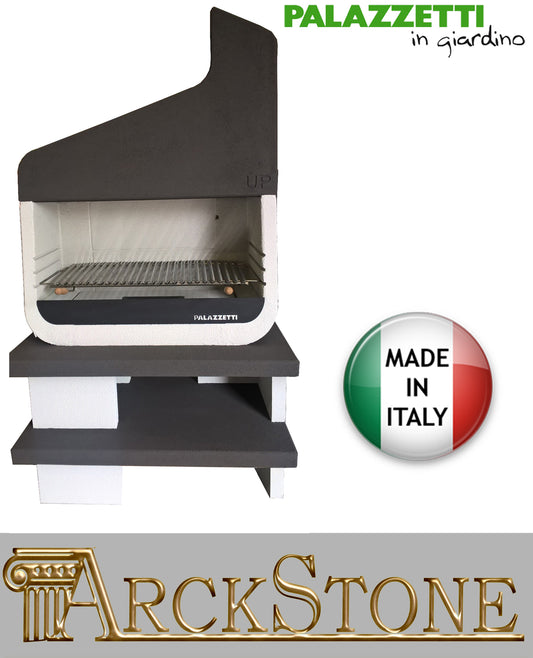 Palazzetti in Giardino UP Versione Senza Portalegna Barbecue 1 Basamento Legna Carbonelle Carboni Sistema Fast Fire Box Cassetto Cenere Focolare Marmotech Bianco Pittura Quarzo Cappa Nero Acciaio Inox Griglia 109x50x216H CM Incluso di Kit di Montaggio