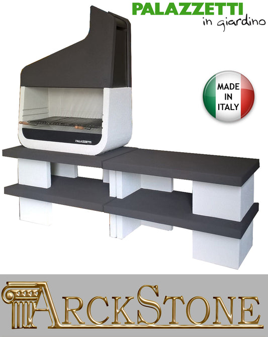 Palazzetti in Giardino UP Versione Senza Portalegna 2 Basamenti Barbecue Piano Mensola Esterno Legna Carbonelle Carboni Sistema Fast Fire Box Cassetto Cenere Focolare Cappa Nero Aria Acciaio Inox Griglia Cottura 218x50x216H CM Incluso di Kit di Montaggio