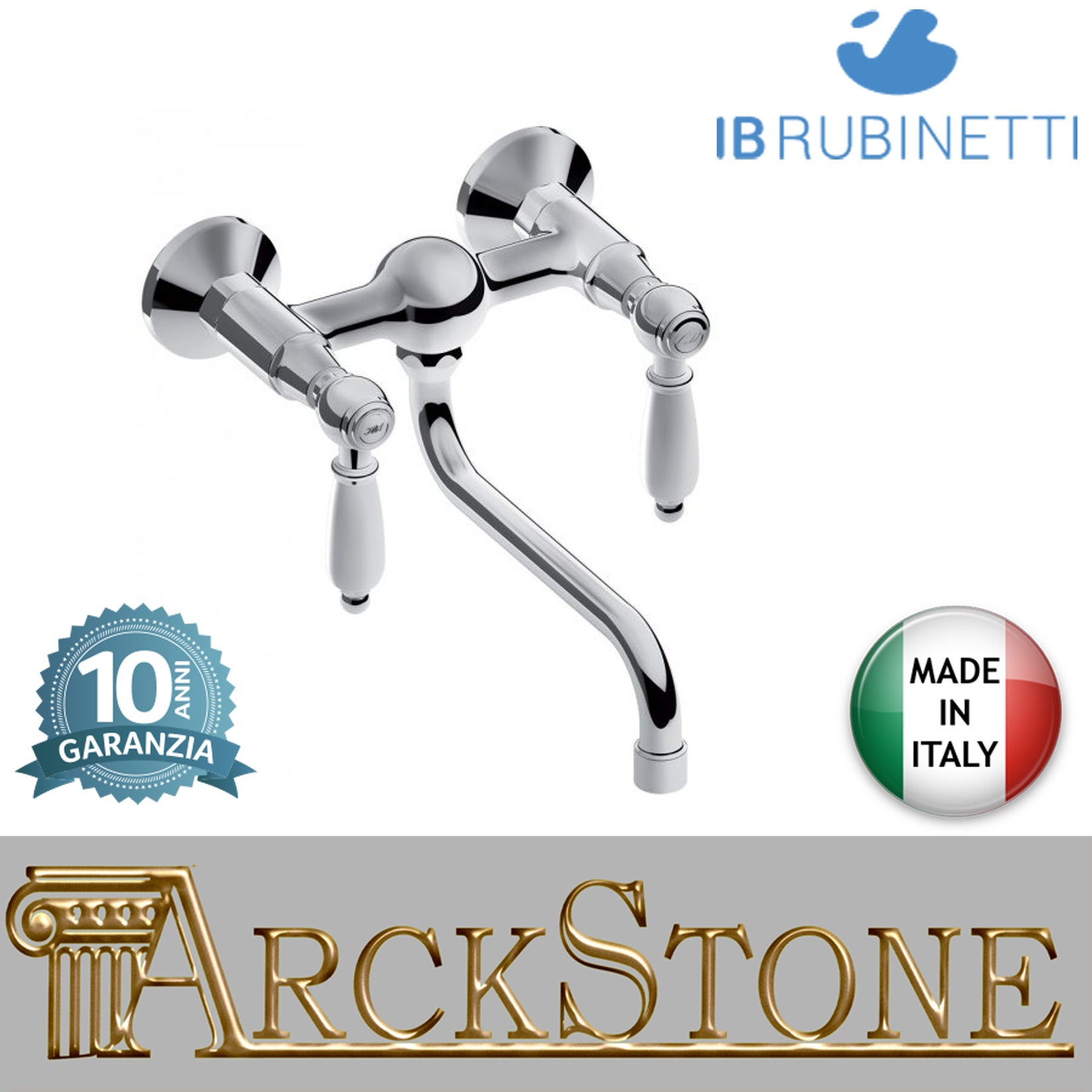 Miscelatore lavello a parete marca IB rubinetti modello Serie Kitchen finitura ottone cromato rubinetteria cucina appoggio rivenditore autorizzato fontana lavatoio arredamento campania rubinetto garanzia 10 anni azienda certificata 