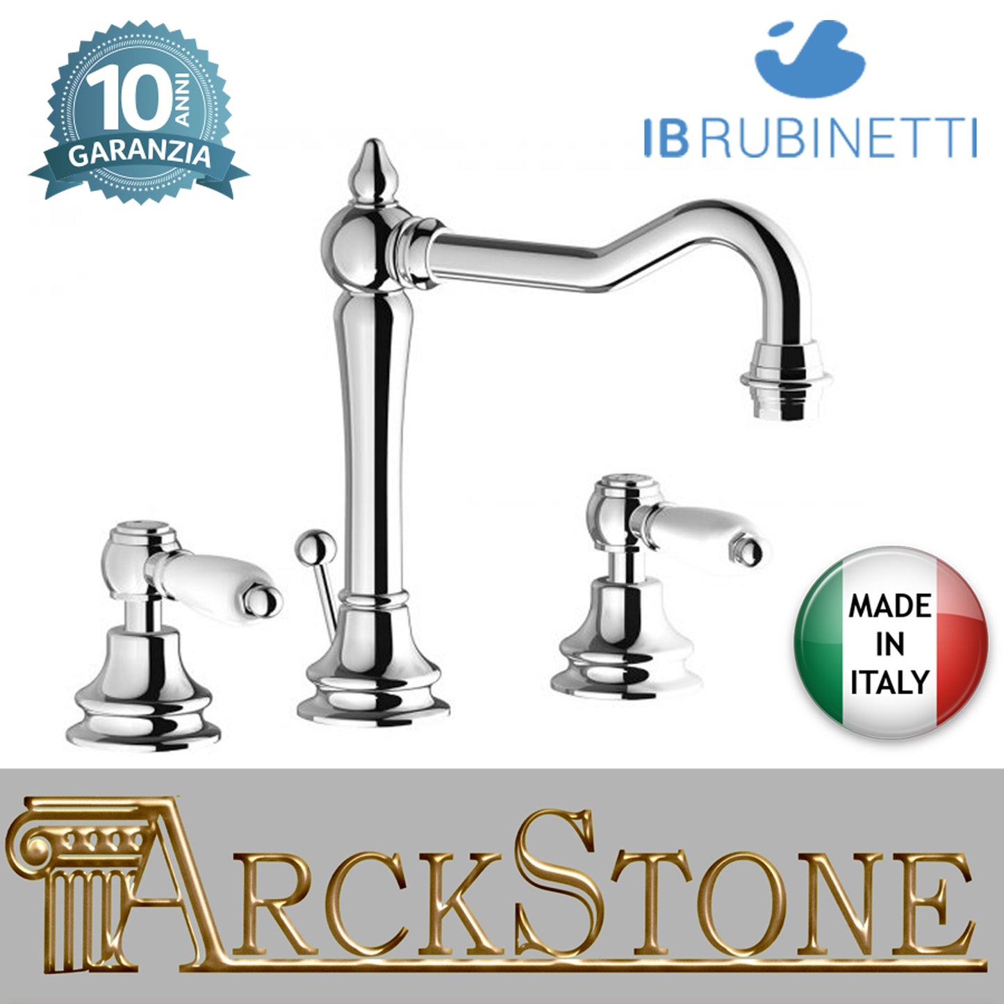 Miscelatore Lavabo tre fori bocca alta completo di piletta di scarico Click-Clack marca IB rubinetti modello Hermes Elle rubinetteria rubinetto ottone cromato bagno casa fontana finitura cromo rivenditore autorizzato campania arredamento made in italy 