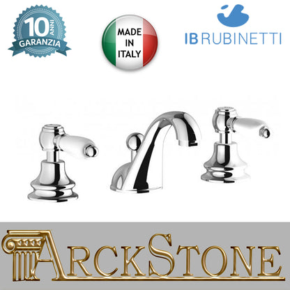 Miscelatore Lavabo tre fori bocca bassa completo di piletta di scarico Click-Clack marca IB rubinetti modello Hermes Elle rubinetteria rubinetto ottone cromato bagno casa fontana finitura cromo rivenditore autorizzato campania arredamento made in italy 