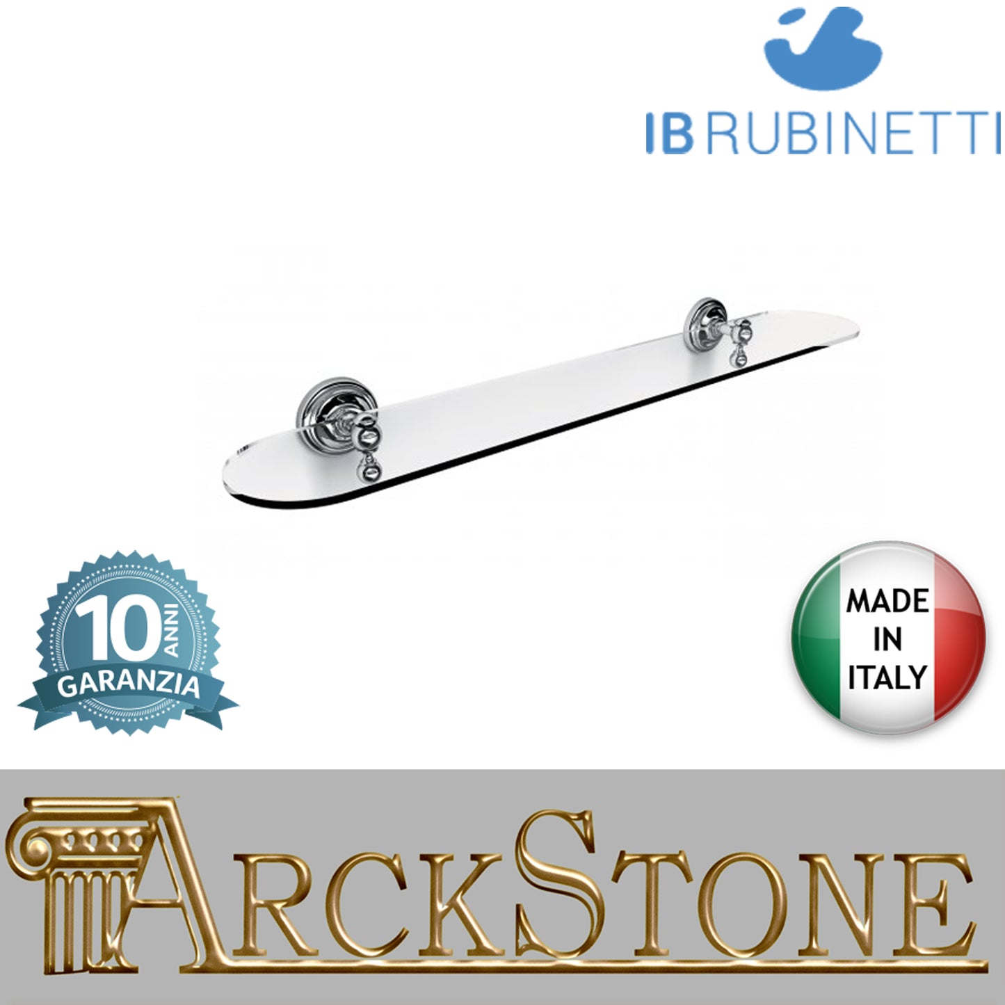 Mensola in vetro 600X132Xh65 mm con supporti in ottone cromato marca IB rubinetti modello Hermes finitura rivenditore autorizzato parete accessori bagno arredamento campania garanzia 10 anni azienda certificata made in italy