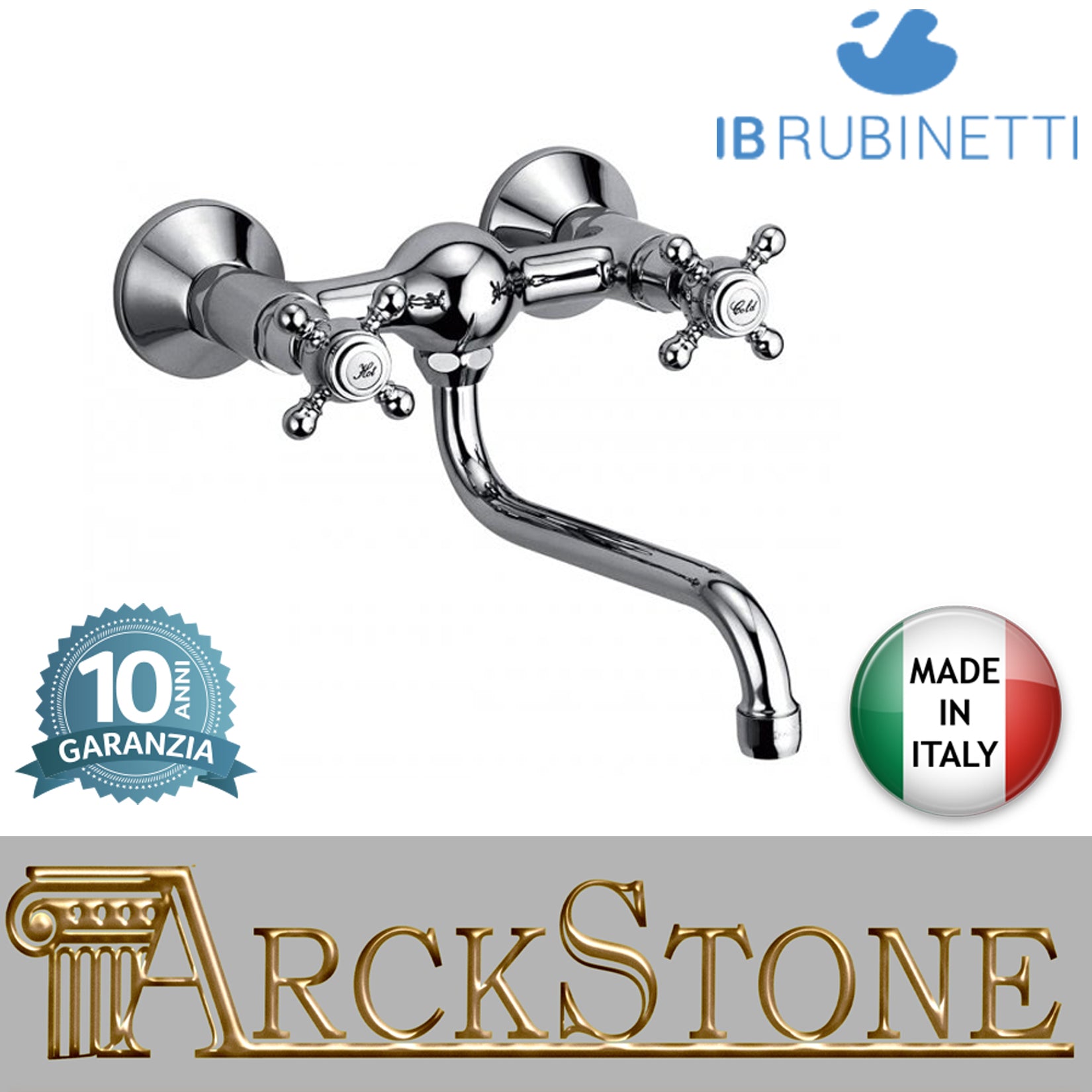 Miscelatore lavello a parete marca IB rubinetti modello Serie Kitchen finitura ottone cromato rubinetteria cucina appoggio rivenditore autorizzato fontana lavatoio arredamento campania rubinetto garanzia 10 anni azienda certificata 