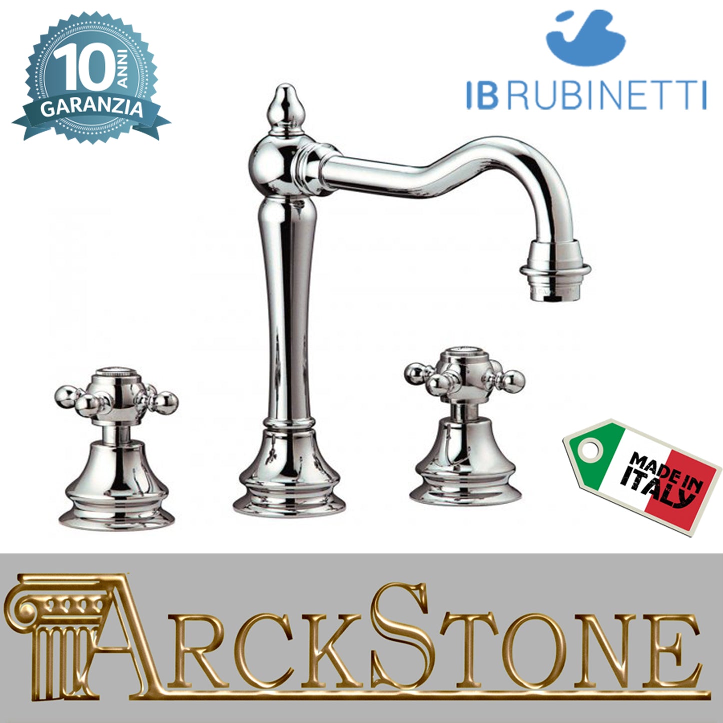 Miscelatore lavabo tre fori bocca alta completo di piletta di scarico Click-Clack marca IB rubinetti modello Hermes rubinetteria rubinetto ottone cromato bagno casa muro fontana finitura cromo rivenditore autorizzato campania arredamento arredo qualità