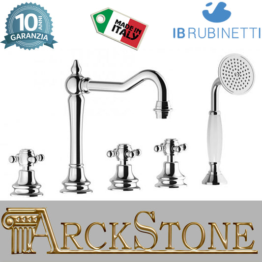 Miscelatore bordo vasca da appoggio cinque fori completo di kit doccia marca IB rubinetti modello Hermes rubinetteria rubinetto ottone cromato bagno casa muro fontana finitura cromo rivenditore autorizzato campania arredamento arredo made in italy