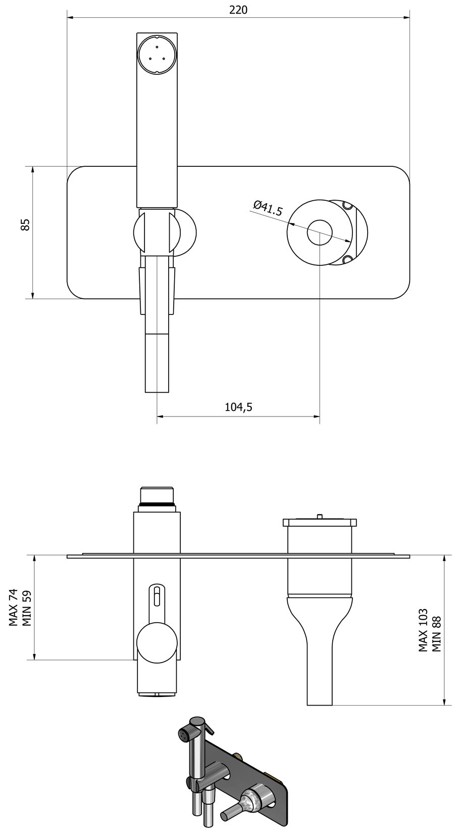 IB Rubinetti BATLO' Set Di Parti Esterne e Corpo ad Incasso A Muro Con Piastra Per Idroscopino Igienico Con Miscelatore Per WC Materiale Ottone Finitura Cromata