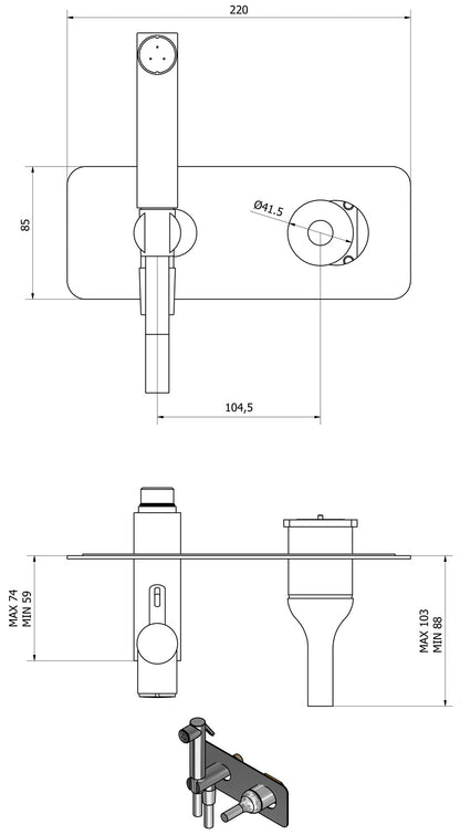 IB Rubinetti BATLO' Set Di Parti Esterne e Corpo ad Incasso A Muro Con Piastra Per Idroscopino Igienico Con Miscelatore Per WC Materiale Ottone Finitura Cromata