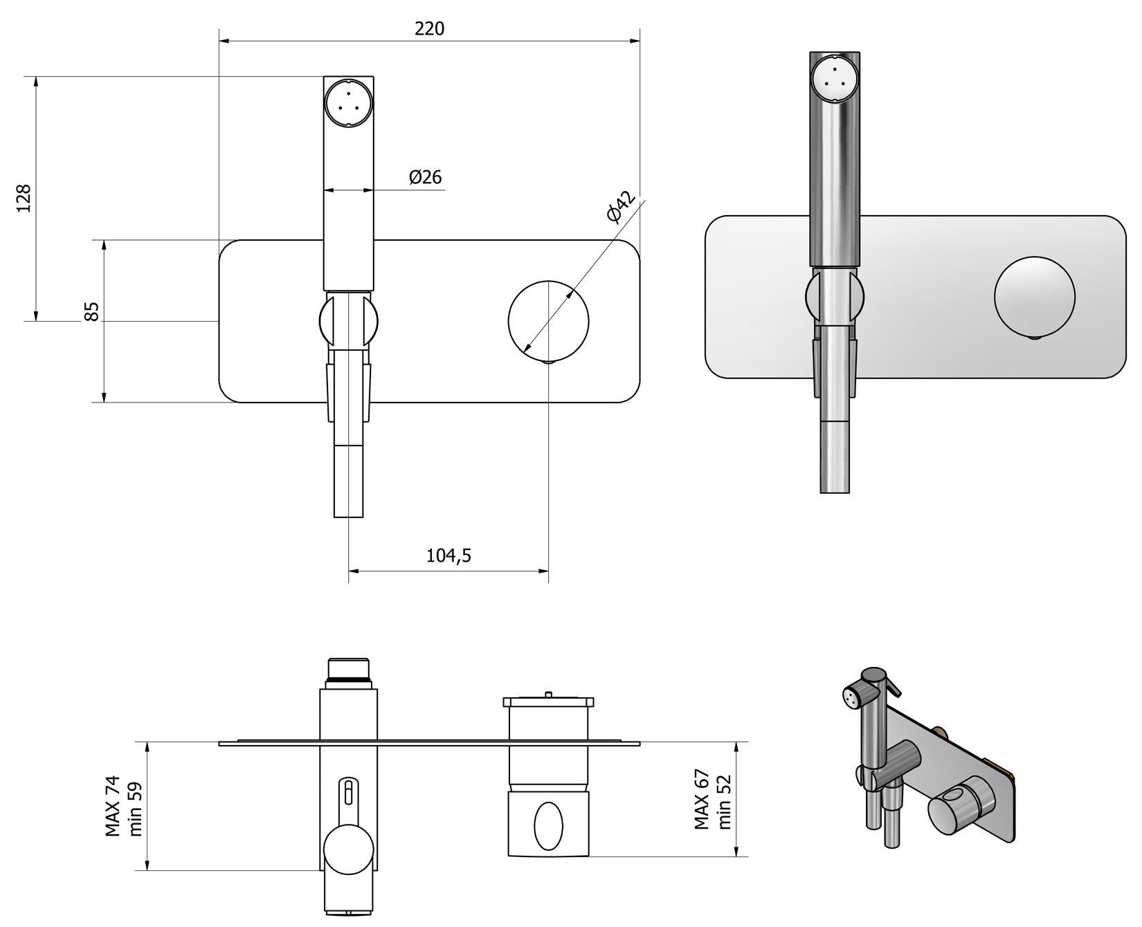 IB Rubinetti ONLYONE Set Di Parti Esterne e Corpo ad Incasso A Muro Con Piastra Per Idroscopino Igienico Con Miscelatore Per WC Materiale Ottone Finitura Cromata