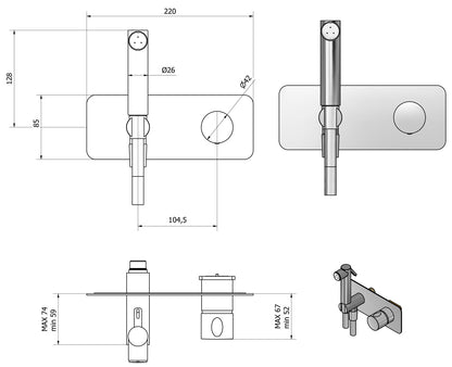 IB Rubinetti ONLYONE Set Di Parti Esterne e Corpo ad Incasso A Muro Con Piastra Per Idroscopino Igienico Con Miscelatore Per WC Materiale Ottone Finitura Cromata