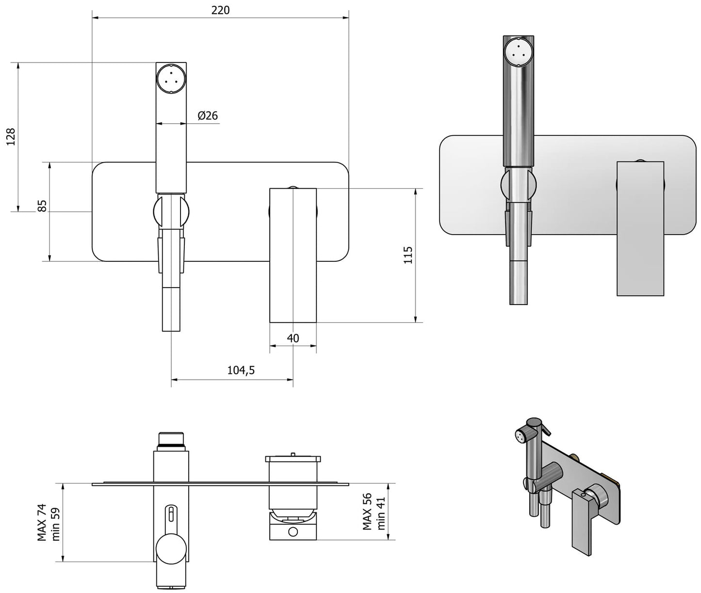 IB Rubinetti RUBACUORI Set Di Parti Esterne e Corpo ad Incasso A Muro Con Piastra Per Idroscopino Igienico Con Miscelatore Per WC Materiale Ottone Finitura Cromata