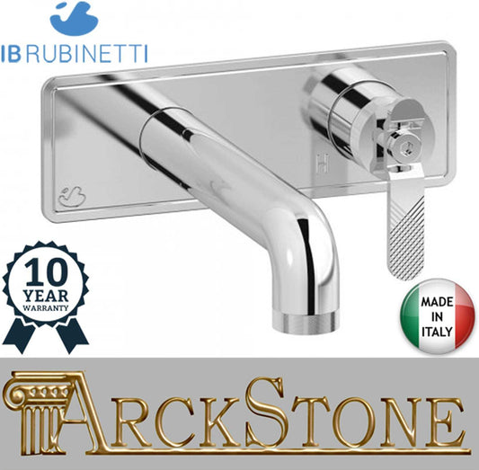 Miscelatore lavabo alto marca IB Rubinetti modello Bold Lever Flat finitura ottone cromato parete due fori completo piletta scarico click-clack bagno leva piatta cromo muro con piastra