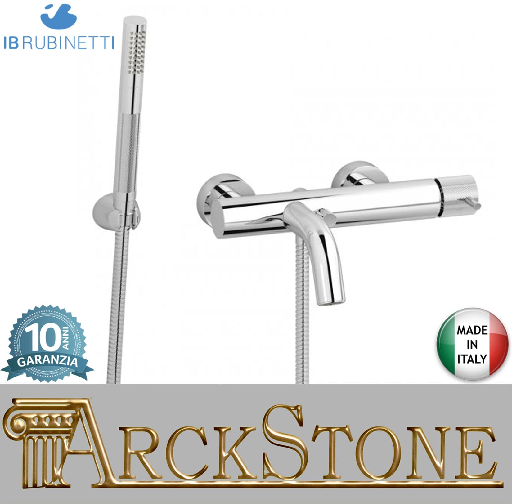 IB Rubinetti Industria Miscelatore Bordo Vasca Esterno A Parete Completo Di Kit Doccia E Doccetta 3 Fori Monocomando Senza Piastra Stile Moderno Materiale Ottone Finitura Cromata