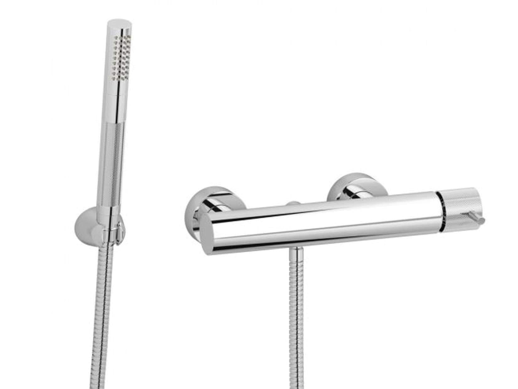 IB Rubinetti Industria Doccia Esterno A Parete Completo Di Kit Doccia E Doccetta 3 Fori 1 Via Miscelatore Meccanico Senza Piastra Monocomando Stile Moderno Materiale Ottone Finitura Cromata