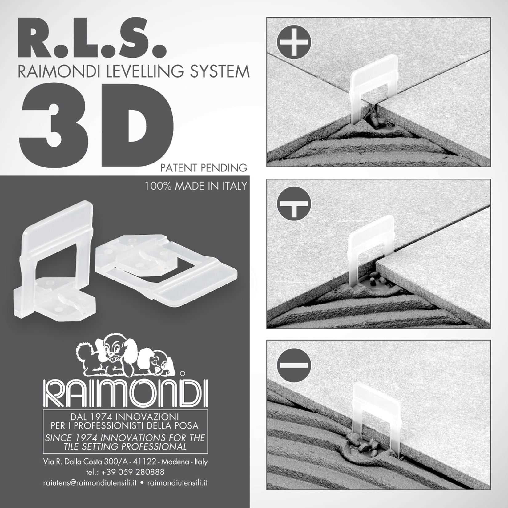 Raimondi Levelling System RLS 3000 basi 3D piastrelle 3-12 fuga 1,5mm pavimento rivestimento mattonella casa bagno cucina soggiorno terrazzo balcone posa accessori Distanziatori Livellanti Doccia Sistema Livellamento Confezione Pacco Scatolo Box