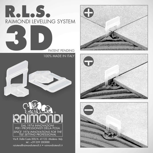 Raimondi Levelling System RLS 3000 basi 3D piastrelle 3-12 fuga 1,5mm pavimento rivestimento mattonella casa bagno cucina soggiorno terrazzo balcone posa accessori Distanziatori Livellanti Doccia Sistema Livellamento Confezione Pacco Scatolo Box