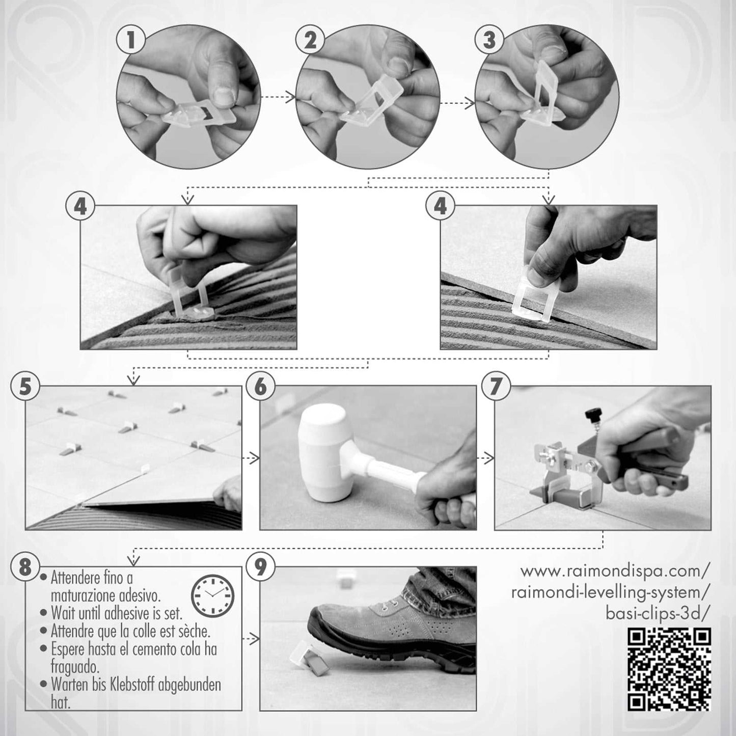 Raimondi Levelling System RLS 3000 basi 3D piastrelle 3-12 fuga 1,5mm pavimento rivestimento mattonella casa bagno cucina soggiorno terrazzo balcone posa accessori Distanziatori Livellanti Doccia Sistema Livellamento Confezione Pacco Scatolo Box