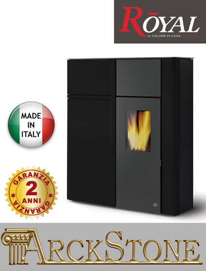 Termo Stufa Pellet Royal Palazzetti Focolare Karyn 14 Idro Rivestimento Metallo Nero 14 Kw Profondità Ridotta Corridoio Sottile Slim Ultrapiatta Termosifoni Acqua Radiatori Termostufa Idrostufa Acciaio Ghisa Gruppo Idraulico Display Comandi Sfioramento