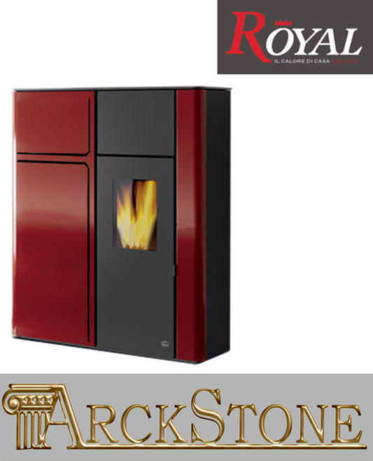 Termo Stufa Pellet Royal Palazzetti Focolare Karyn 12 Idro Rivestimento Metallo Rosso 12,8 Kw Profondità Ridotta Corridoio Sottile Slim Ultrapiatta Termosifoni Acqua Radiatori Termostufa Idrostufa Acciaio Ghisa Gruppo Idraulico Display Comandi Sfioramento