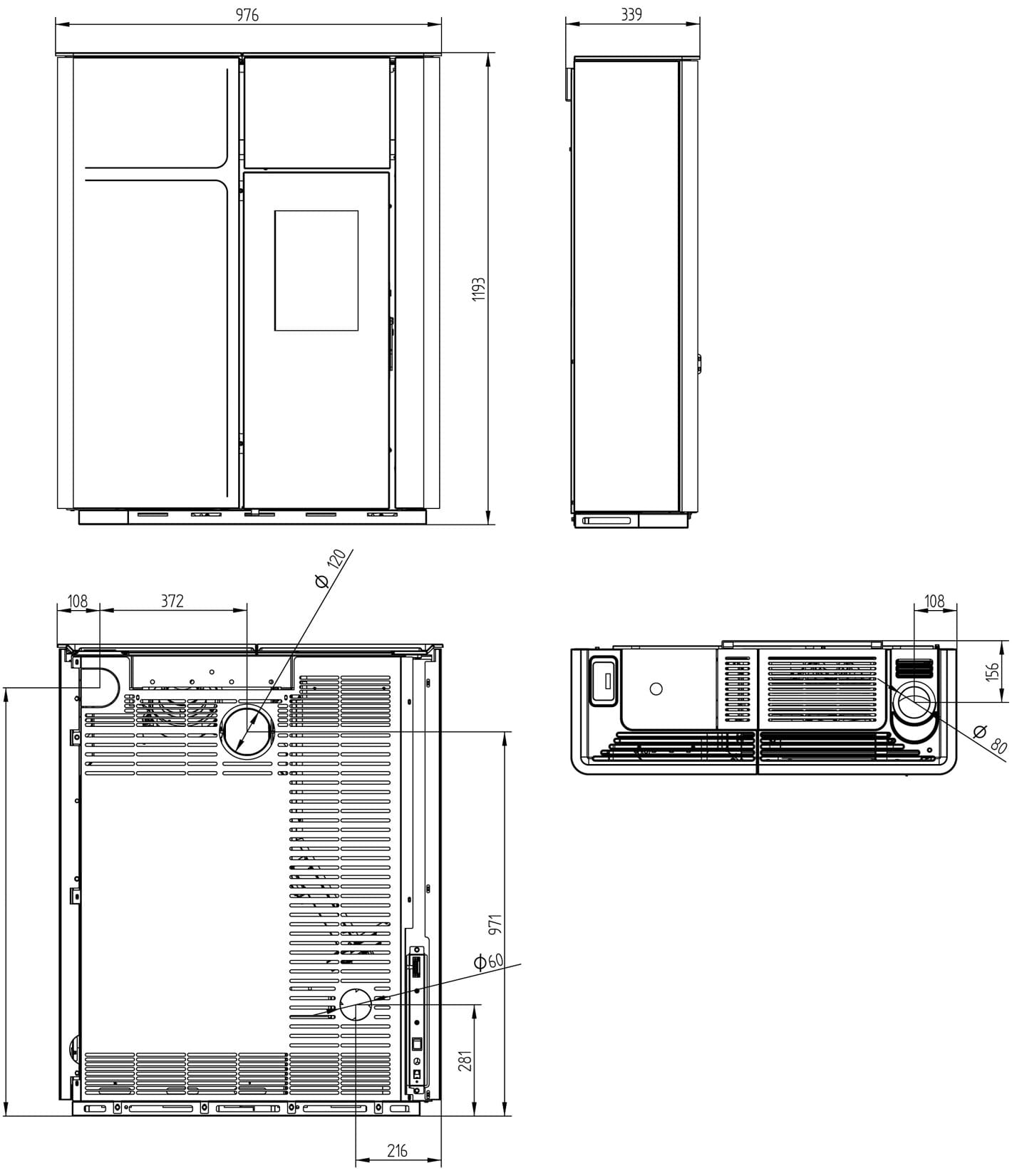 Royal Palazzetti Karyn 90 Rivestimento Acciaio Nero Top Ghisa Potenza 9 Kw Stufa Pellet ad Aria Calda Ventilata Canalizzata Slim Uscita Fumi Posteriore Superiore Display Comandi Sfioramento Focolare Ampio Cassetto 