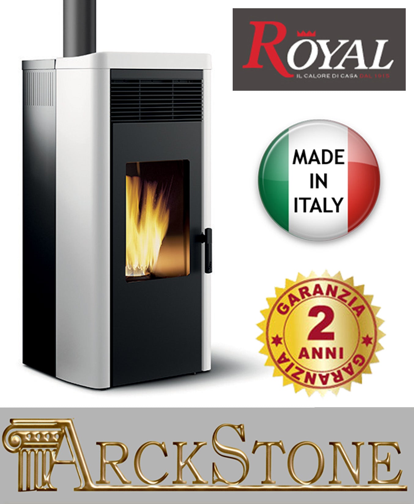 Stufa Pellet Aria Ventilata Canalizzabile Royal Palazzetti Lea Air 120 US Colore Rivestimento Bianco Potenza 13,9 Kw Con Uscita Fumi Superiore