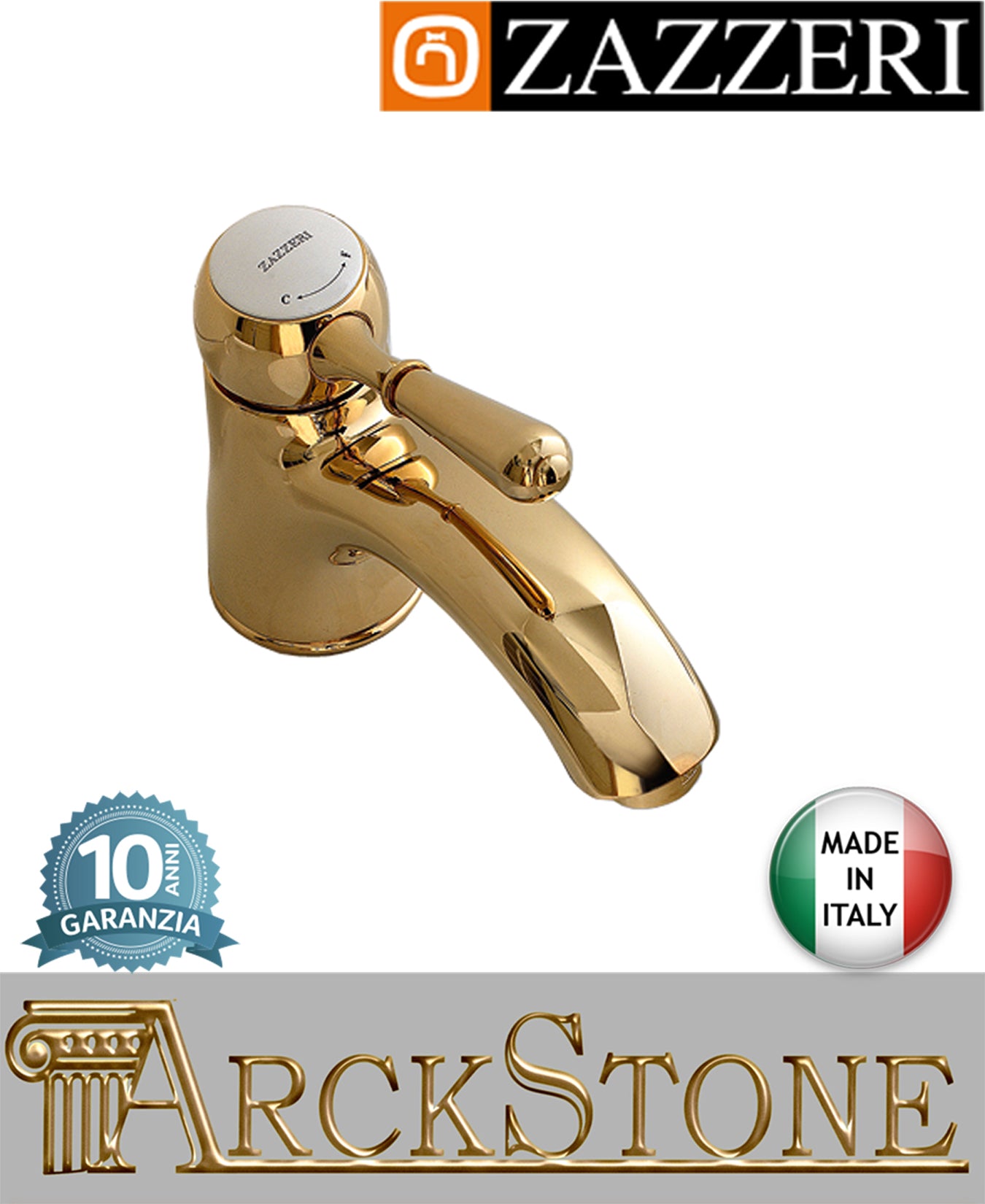 Miscelatore lavabo marca Zazzeri modello 900 finitura ottone oro lucido appoggio monoforo leva metallo scarico automatico L145 x H54 mm rubinetto fontana rubinetteria azienda arredo bagno garanzia 10 anni qualità ma