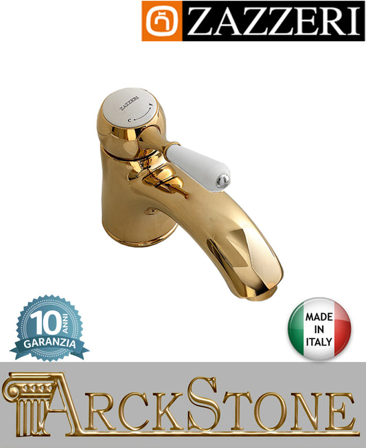 Miscelatore lavabo marca Zazzeri modello 902 finitura ottone oro lucido appoggio monoforo leva bianca scarico automatico rubinetto fontana mix rubinetteria azienda arredo bagno garanzia 10 anni qualità made in italy